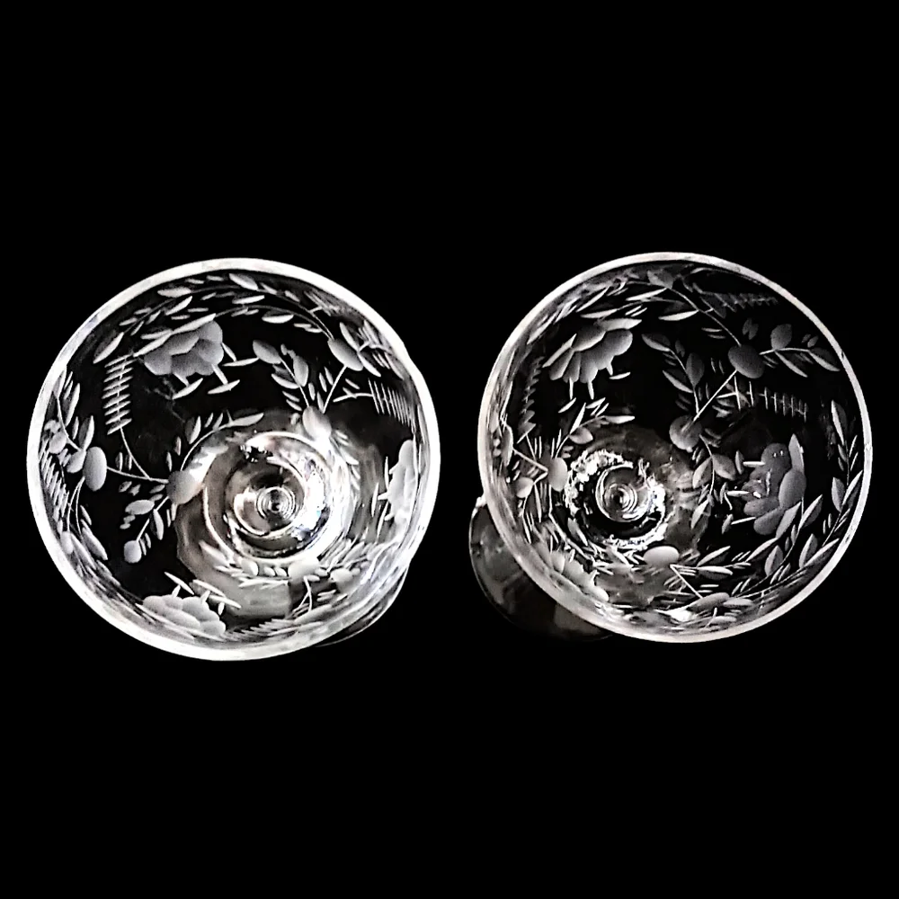 2 Vtg Rock Sharpe‎ Cordial Coupe Glasses Etched Floral Crystal Bird Of Paradise